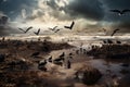 Realistic rendering of an oil spill in the ocean, with birds and marine life struggling in the foreground