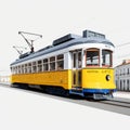 Realistic Rendering Of An Old Blue Yellow Tram On Tracks