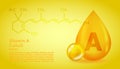 Realistic A Retinol Vitamin drop with structural chemical formula. 3D Vitamin molecule A Retinol design. Drop pill