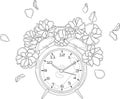 Realistic retro alarm clock with flowers and petals sketch template. Graphic vintage vector illustration in black and white Royalty Free Stock Photo