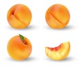 Realistic ripe peach fruit isolated on white. Whole and cut in half orange peach with seed and green leaf. Vector Royalty Free Stock Photo