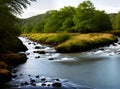 Realistic river footpath neutral palette warm lighting.