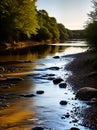 Realistic river footpath neutral palette warm lighting.