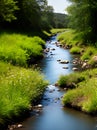 Realistic river footpath neutral palette warm lighting.