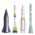 Realistic rocket. Spaceships launch futuristic shuttle for universe exploring expedition decent vector realistic Royalty Free Stock Photo