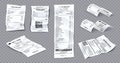 Realistic rolled, curved and crumpled bank and shop receipts. White paper payment bill. Supermarket printed sale, 3d