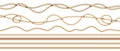 Realistic ropes. 3D natural twisted threads. Seamless jute cords borders with intertwined texture. Straight and curved