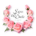 Realistic rose wreath. Delicate pink roses frame. Vintage Wedding Invitation Card. Elegant Floral Frame with Beautiful