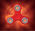 Realistic rotating red spinner stylized in a fire. Fidget spinner toy burns in space. Vector illustration