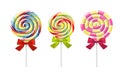 Realistic round candies striped swirl on stick collection vector multicolored childish lollipop