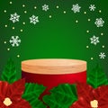Realistic round display podium mockup. Christmas red scene with snowflakes, poinsettia leaves and cylinder platform for Royalty Free Stock Photo