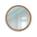 Realistic round mirror with wooden frame. Home interior element. 3D bathroom or bedroom wall decoration. Geometric