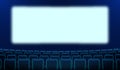 Realistic rows of blue chairs cinema and white blank screen in the darkness. Cinema auditorium and movie theater seats facing