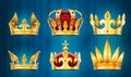 Realistic royal crown. King jewels, monarchs crowns with gems stones vector set