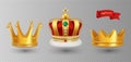 Realistic royal crowns. Vector luxury premium monarchy antique diadem diamonds and jewels and gold crowns isolated on