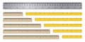 Realistic rulers. Measuring tool. School supplies. Double sided measurement in cm and inches. Vector illustration