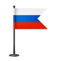 Realistic Russian table flag on a black steel pole. Souvenir from Russia. Desk flag made of paper or fabric and shiny