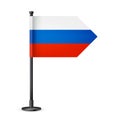 Realistic Russian table flag on a black steel pole. Souvenir from Russia. Desk flag made of paper or fabric and shiny