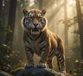 Realistic sabre-toothed tiger roaring through a misty forest, high quality 3D rendering. Royalty Free Stock Photo