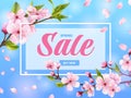 Realistic sakura banner. Blossom japanese or chinese cherry flowers sale advertisement, spring blooming season wedding Royalty Free Stock Photo