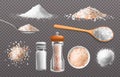 Realistic salt. Edible food seasoning in glass bottle. Himalayan condiment piles and spoons. Grains and powder of sea Royalty Free Stock Photo