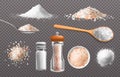 Realistic salt. Edible food seasoning in glass bottle. Himalayan condiment piles and spoons. Grains and powder of sea sodium