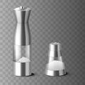 Realistic salt shaker and mill for salt powder condiment with metal cap. Glass bowl bottle with salt