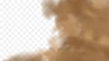 Realistic sand storm illustration. Vector brown dust cloud on transparent background. Air pollution concept.