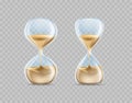 Realistic sand watch. Hourglass shapes. clock. Transparent glass and grains falling flow. 3D sandglass. Hour countdown Royalty Free Stock Photo