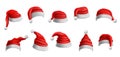 Realistic Santa Claus hat. Christmas red cap, Xmas hats with fluffy white brim and pompom. Traditional festive