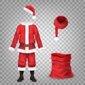 Realistic santa costume. Claus dress suit, traditional christmas clothes santas jacket fancy clothing gift bag shoes