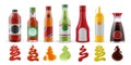 Realistic sauces in bottles. Hot chili, tomato ketchup, guacamole, mustard and soy sauce in glass packaging and