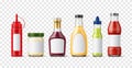 Realistic sauces bottles. Isolated 3D liquid condiments containers. Packaging for chili ketchup and wasabi. Mayo and