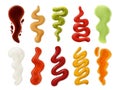 Realistic sauces strips. Tomato ketchup, mayonnaise, mustard, cheese and wasabi spicy sauce spots, splashes and stain 3d isolated