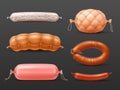 Realistic sausages and ham. Smoked and boiled farm products, natural meat delicacies food, tasty beef, chicken and pork sausages, Royalty Free Stock Photo