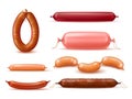 Realistic sausages. Meat products, boiled and smoked delicacies, natural farm food, pork, chicken and beef, different