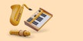 Realistic saxophone, flute, synthesizer. Musical instruments