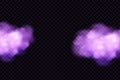 Realistic scary mystical clouds fog in night Halloween. Purple flows poisonous gas, dust and smoke effect.Vector set.