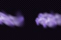 Realistic scary mystical clouds fog in night Halloween. Purple flows poisonous gas, dust and smoke effect.Vector set.