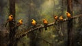 realistic scene of birds perched on tree branches, singing their melodious tunes