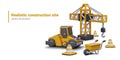 Realistic scene from construction site. Lifting crane, road roller, signal cones, wheelbarrow Royalty Free Stock Photo