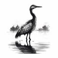 Realistic Scenery Illustration: Black Heron Standing In Water Royalty Free Stock Photo