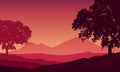 Realistic scenery of mountain landscape with silhouettes of trees. Vector illustration