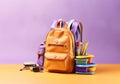 Realistic school bag with stationery. Back to school ad poster template. AI Generated