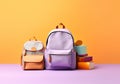 Realistic school bag with stationery. Back to school ad poster template. AI Generated