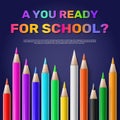 Realistic school blackboard, color pencils. 3d education tools, class chalkboard, children flyer. Web banner template Royalty Free Stock Photo