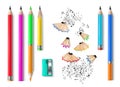 Realistic school stationery. Colorful pencils, sharpener, eraser and shaves. 3d creative tools, rubber and wood