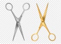 Realistic scissors. Silver and gold metal classic scissors tool mockup, hairdresser or tailor instrument isolated vector