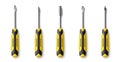 Realistic screwdrivers. Home worker tools with different heads. Cross, flat, insulating handles, hand repair instrument