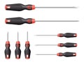 Realistic screwdrivers set with black plastic handles. Hand tools for maintenance, home repair
